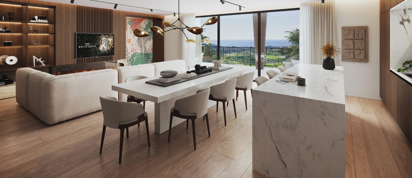 Contemporary living room overlooking the Mediterranean